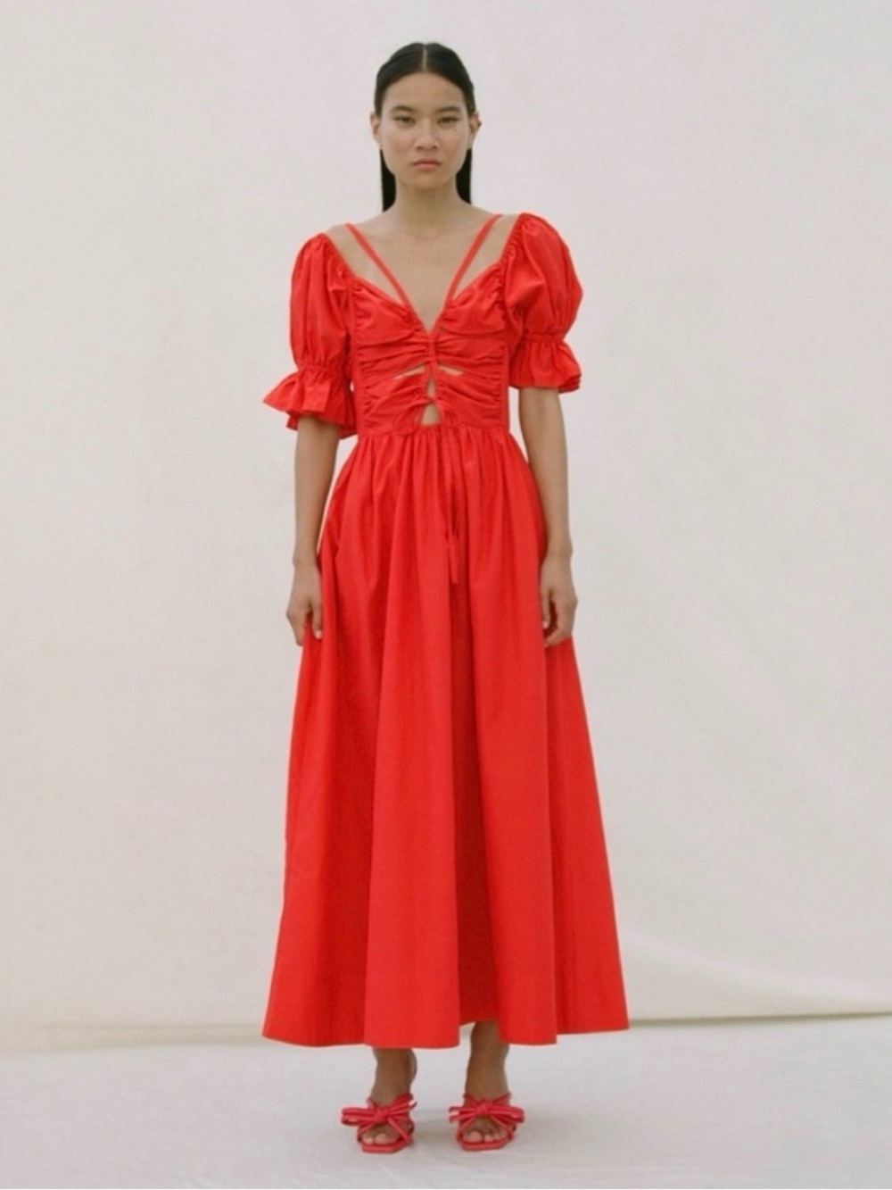 Loeffler Randall Red Puff-Sleeve Dress with Ruched Bodice, 4